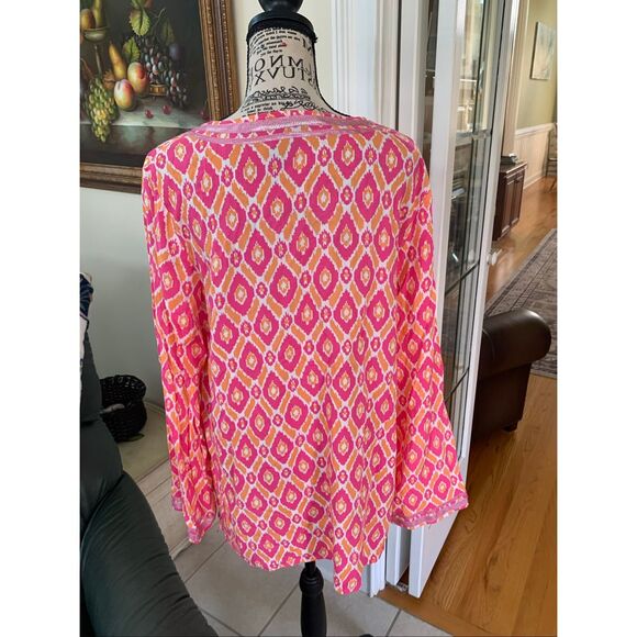 Twiggy London Womens Boho Geometric Tunic Top Pink Orange Blouse Metallic - Picture 7 of 8